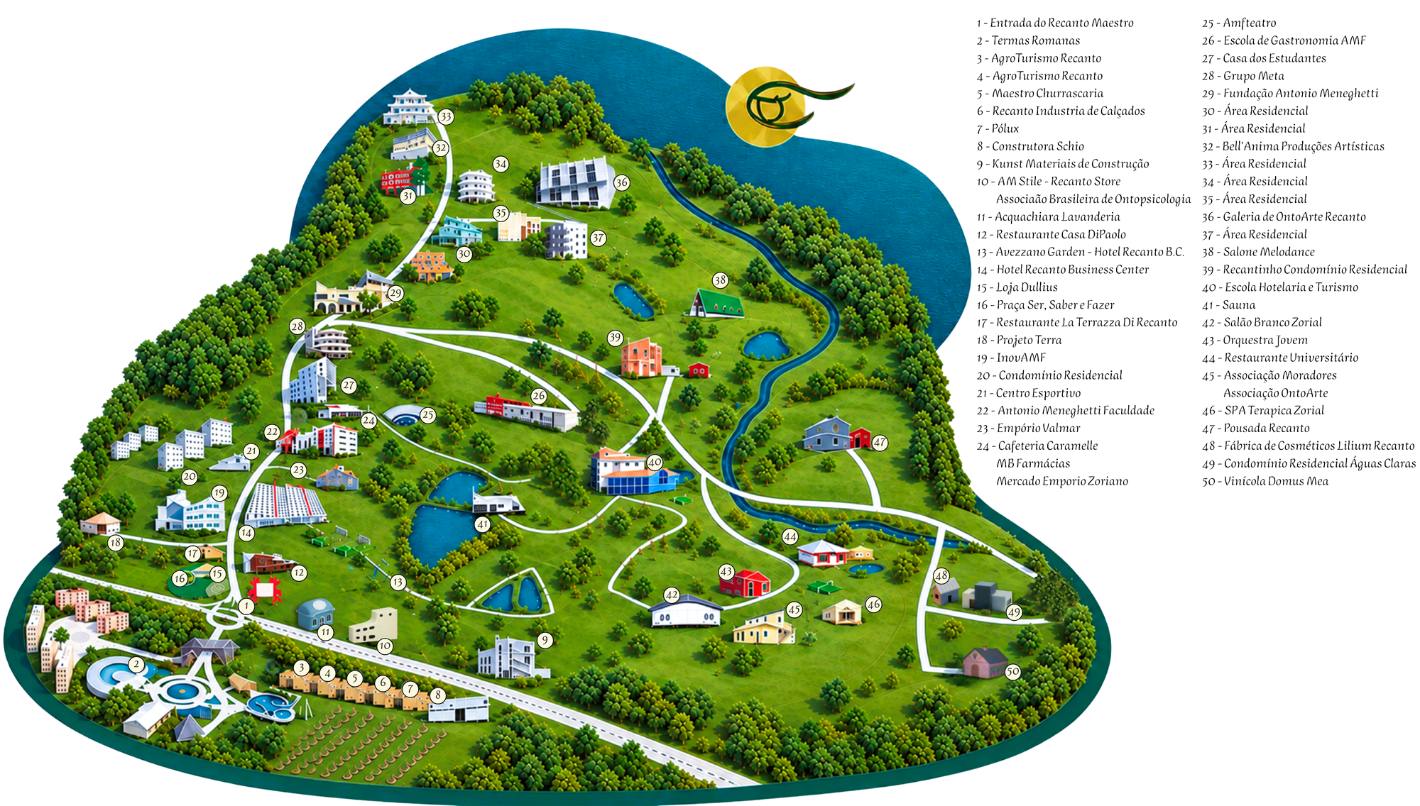 Mapa ilustrado do Campus Recanto Maestro com a numeração dos principais pontos de referência